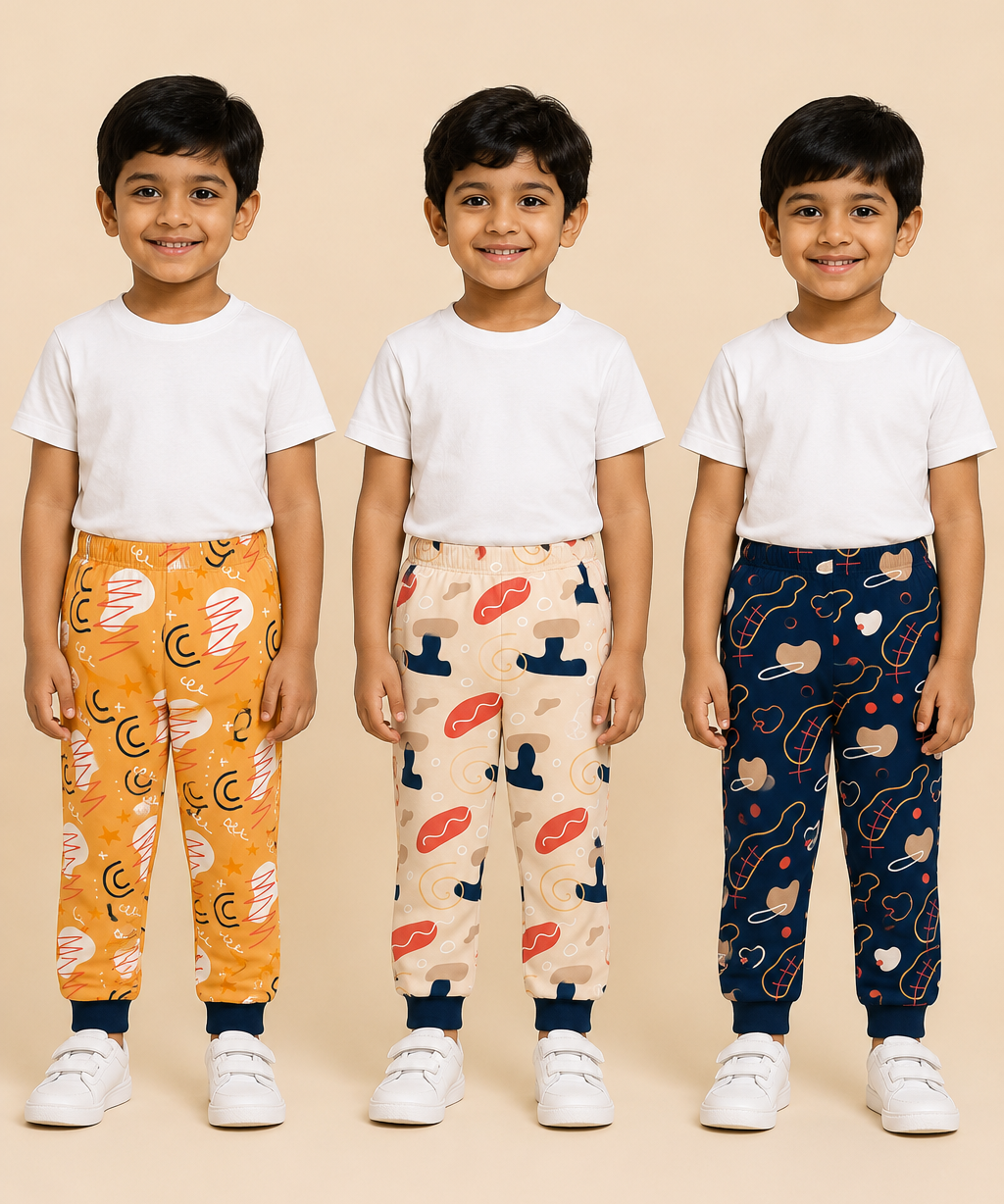 Kids Printed Cotton Track Pants for Boys | Soft Elastic Waist Full Length Joggers | Age 6 Months-5 Years | Pack of 3 Pieces