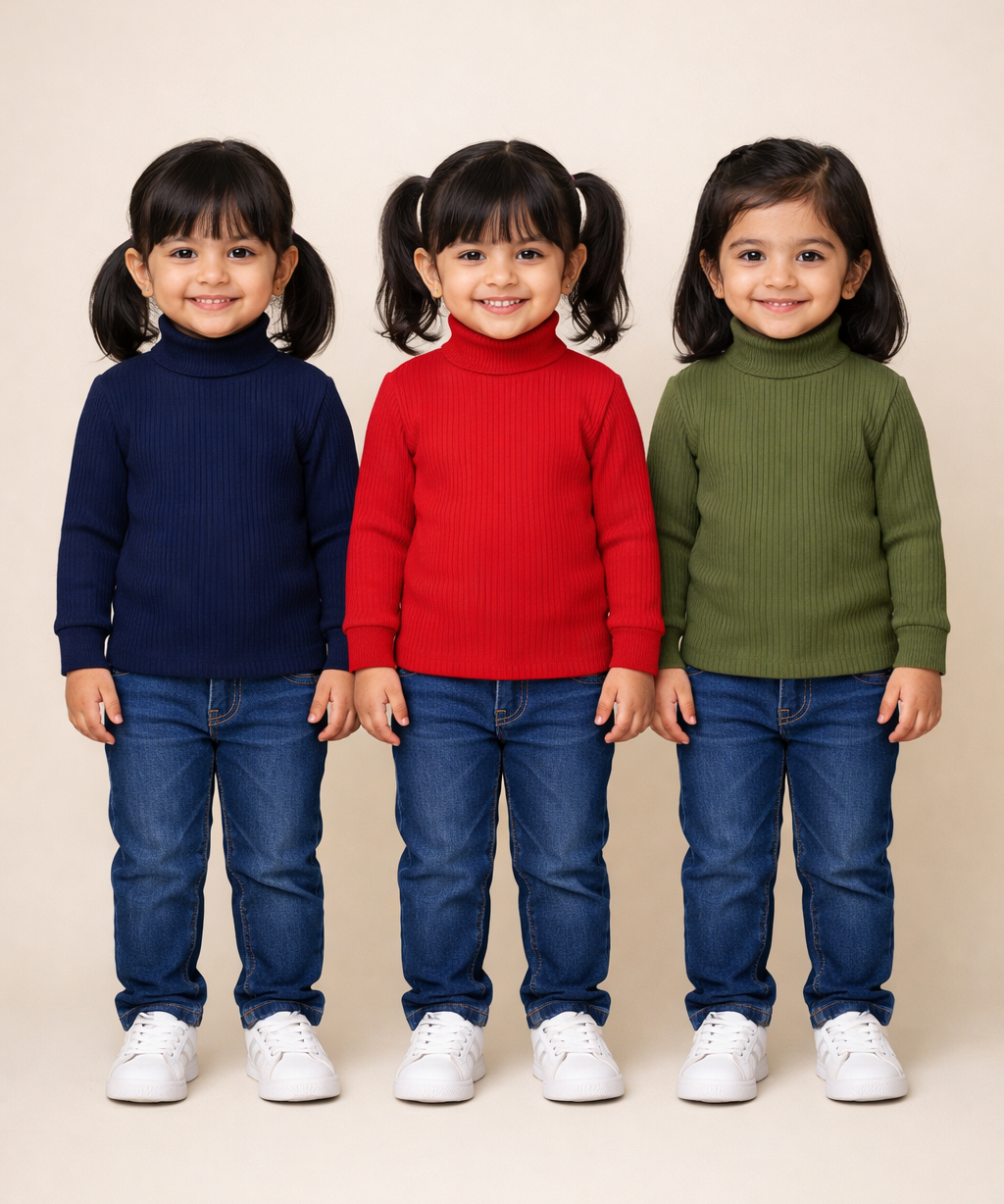 Kids Girls Full Sleeve Hi-Neck Plain Rib T-shirt | Age 0 to 5 Years (Pack of 3)