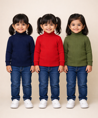 Kids Girls Full Sleeve Hi-Neck Plain Rib T-shirt | Age 0 to 5 Years | Pack of 3 Pieces