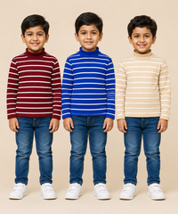 Kids Boys Full Sleeve Hi-Neck Stripes Rib T-shirt | Age 9 to 24 Months | Pack of 3 Pieces