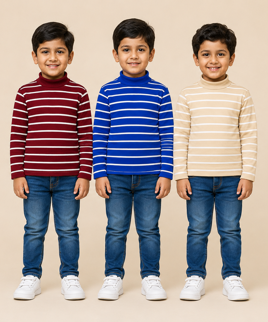 Kids Boys Full Sleeve Hi-Neck Stripes Rib T-shirt | Age 9 to 24 Months | Pack of 3 Pieces