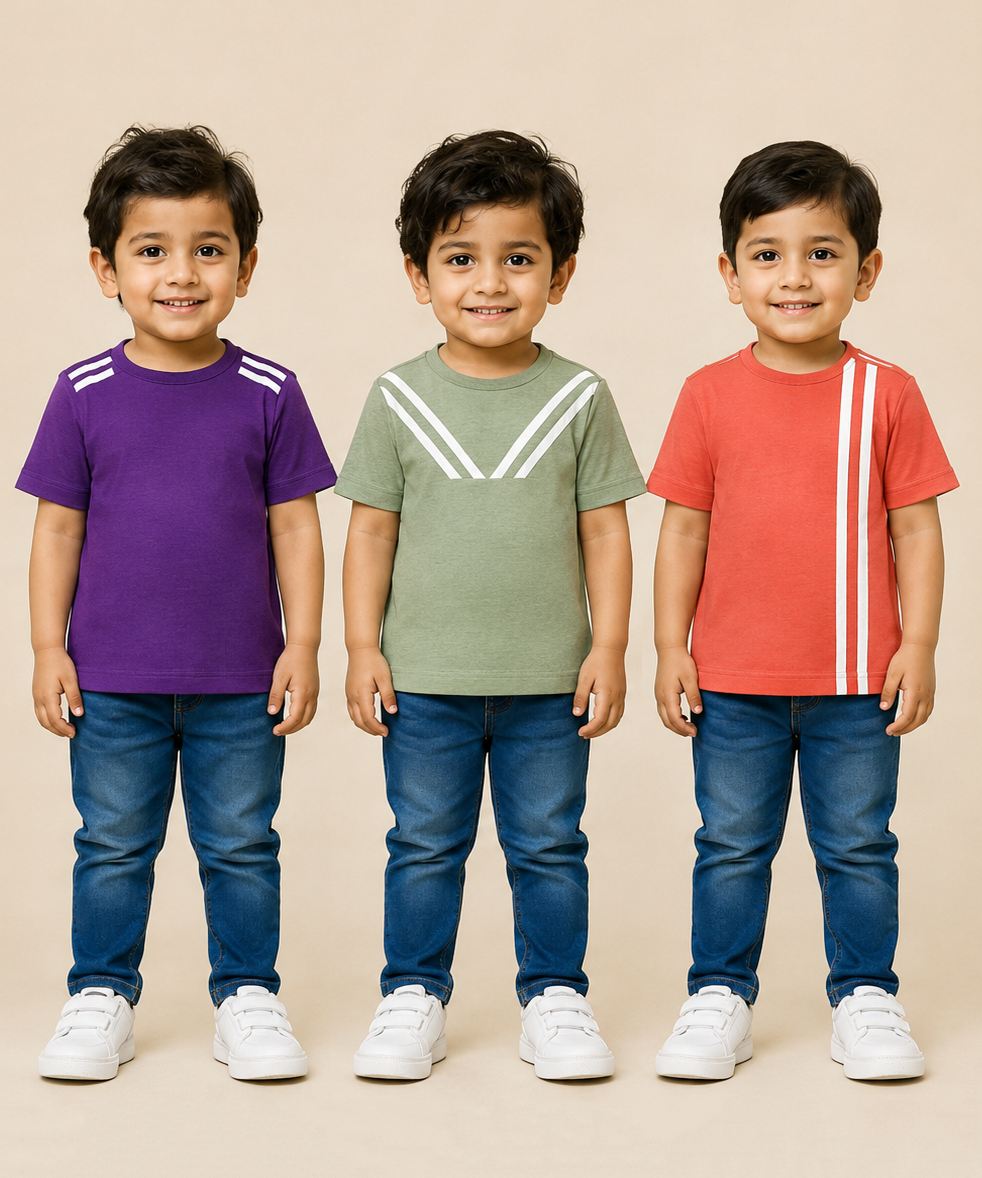 Kids Boys Popcorn Stripes Half Sleeve T-Shirt | Age 3 to 6 Years (Pack of 3 Pieces)