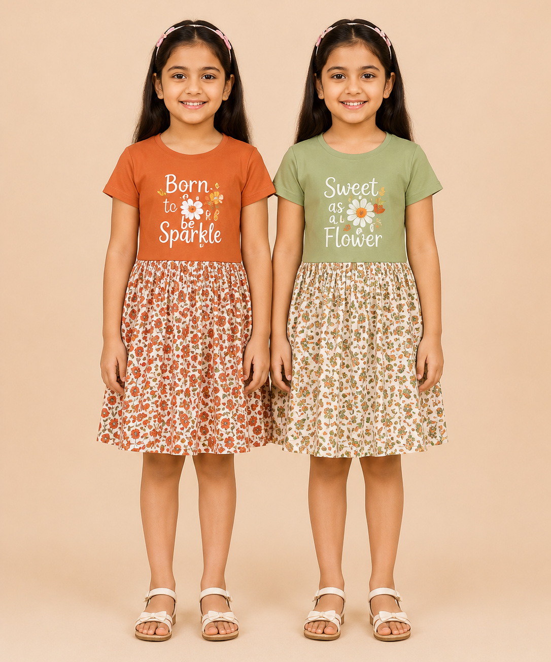 Girls Printed Half Sleeve Cotton Contrast Frock Dress | Floral Knee Length Casual Wear for Kids | Age - 5 to 10 Years | (Pack of 2)