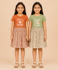 Girls Printed Half Sleeve Cotton Contrast Frock Dress | Floral Knee Length Casual Wear for Kids | Age - 5 to 10 Years | (Pack of 2)