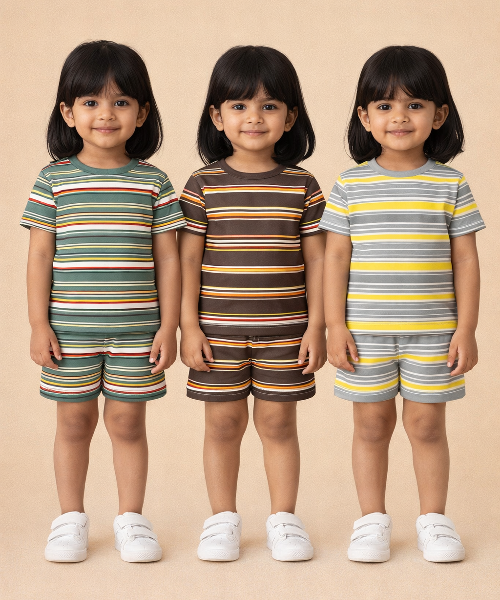 Girls Cotton Stripes Kids Co-ord Set Combo / Age 1-4 Years | T-shirt & Shorts (Combo Set Pack of 3)