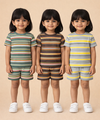Girls Cotton Stripes Kids Co-ord Set Combo / Age 1-4 Years | T-shirt & Shorts (Combo Set Pack of 3)