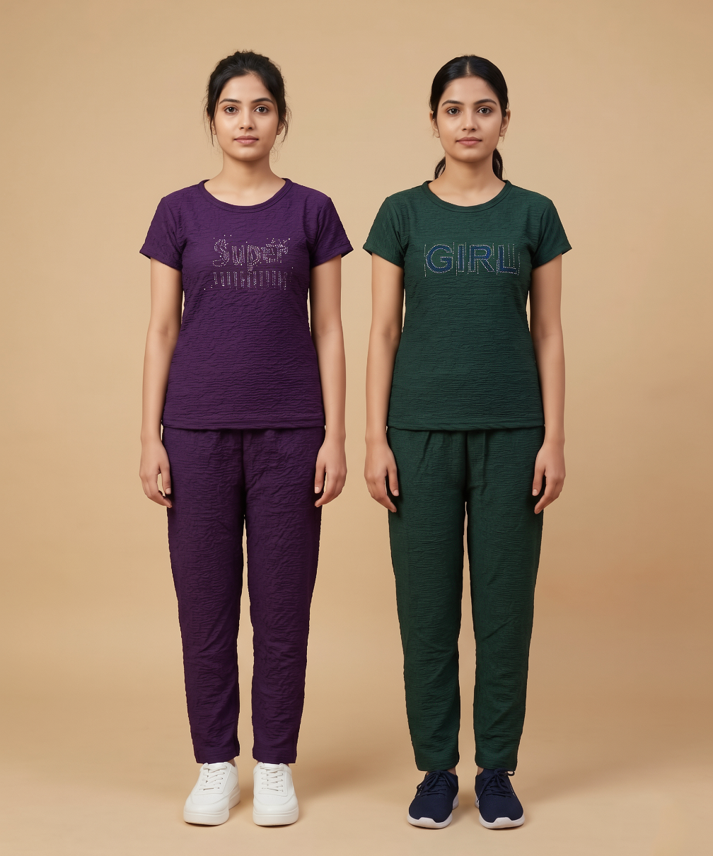 Women Textured Polyester Co-ord Set | Half Sleeve Top & Pants | Pack of 2 Set Combo