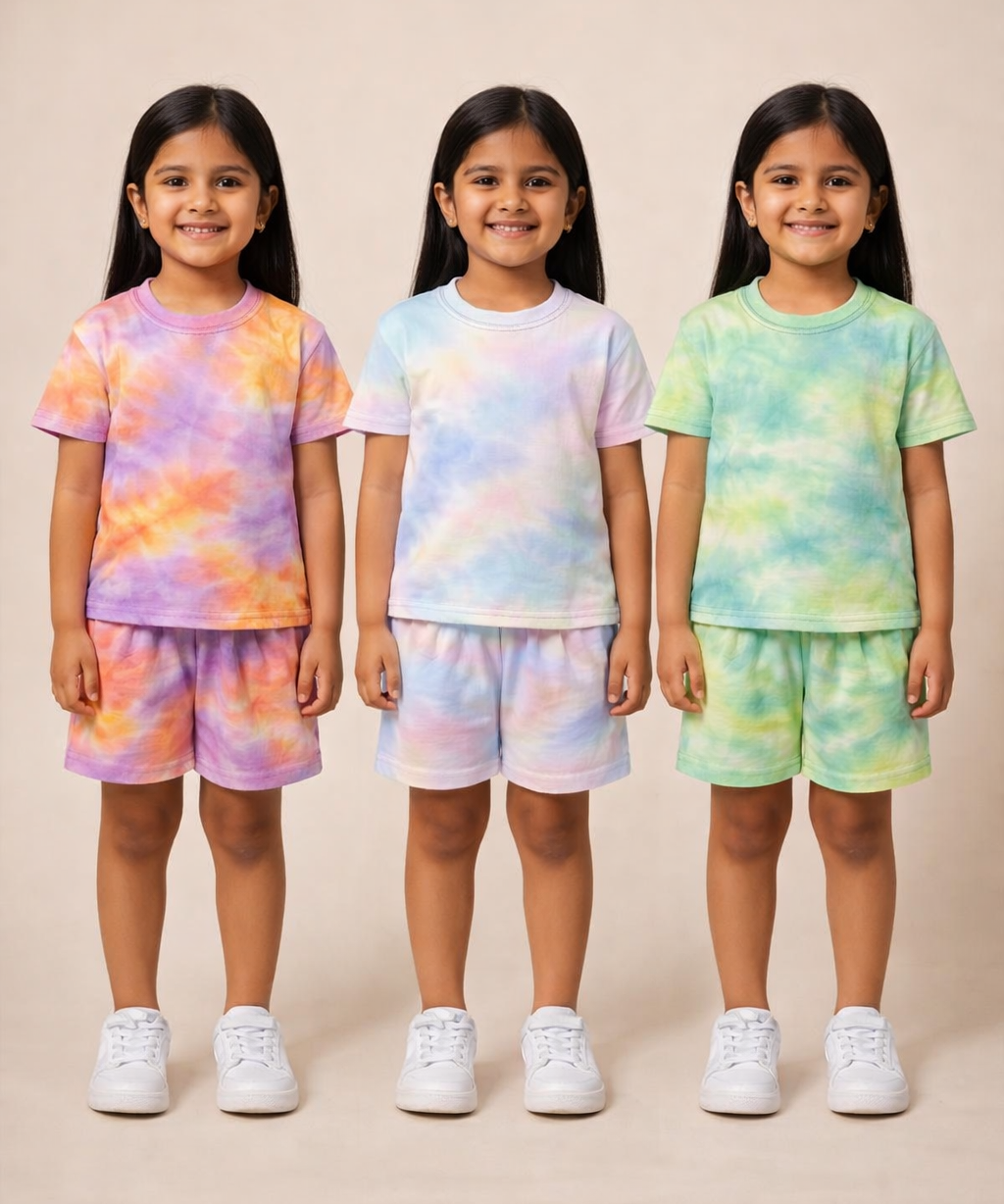 Kids Girls Tie-Dye Cloud Print Cotton T-Shirt & Shorts Co-ord Set | Pack of 3 Pieces | Age 1–4 Years