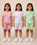 Kids Girls Tie-Dye Cloud Print Cotton T-Shirt & Shorts Co-ord Set | Pack of 3 Pieces | Age 1–4 Years