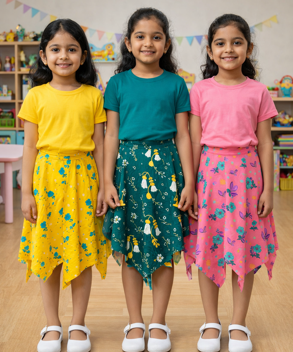 Cotton Fish Midi Floral Printed Skirt | Casual wear for Girl Kids Age 2 To 9 Years (Pack of 3)