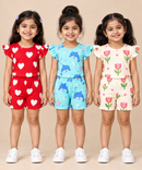 Girls All Over Printed | Flutter Sleeve Tshirt and Shorts Co-ord Set | Age 0 to 3 Years (Pack of 3 Sets)