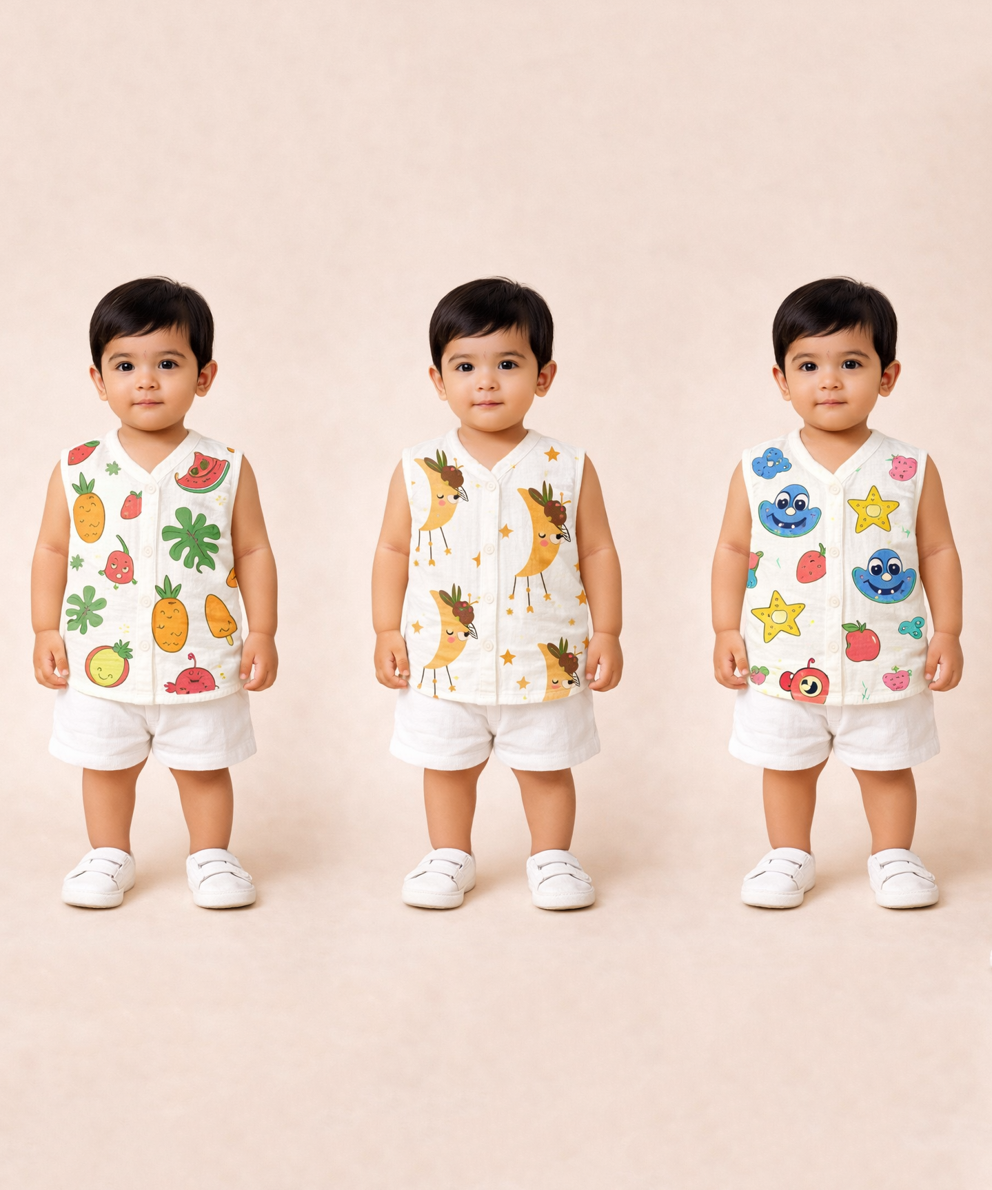 Baby Boys Sleeveless Muslin Cotton Printed Vest | 3–6 Months (Pack of 3)