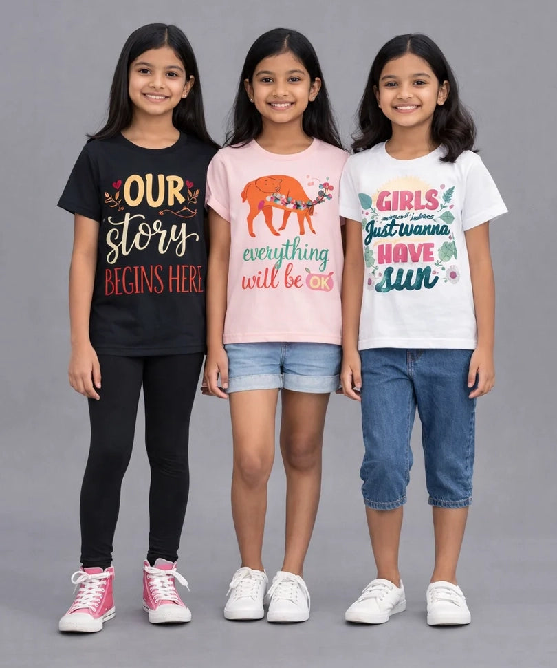 Girls Printed Casual Round Neck T-shirt (Pack of 3 Pieces)