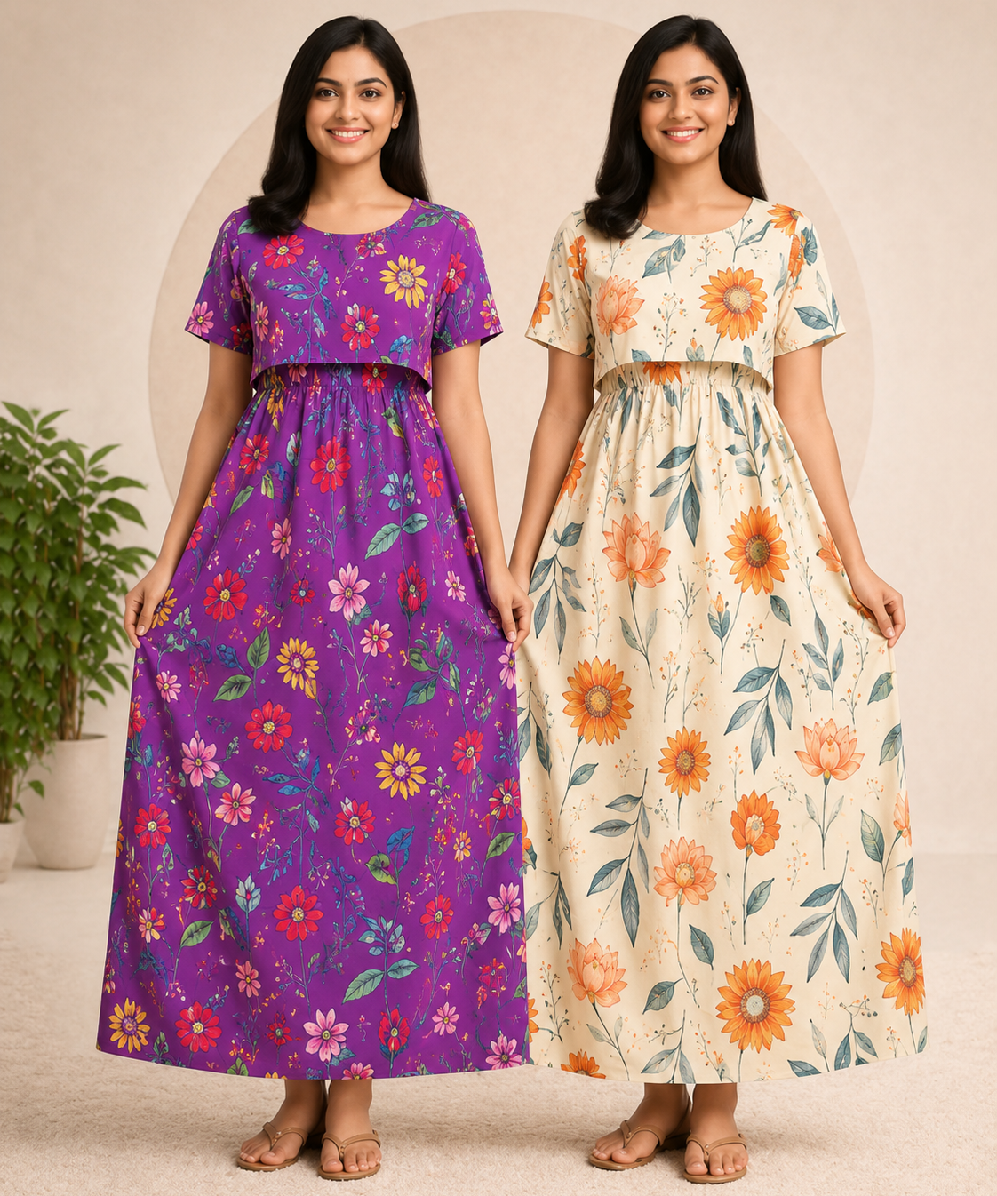 Maternity Feeding Maxi Dress | Nursing Friendly Nighty Style (Pack of 2 Pieces)