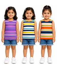 Cotton Stripes Girls Kids Sleeveless Tshirt (Pack of 3)