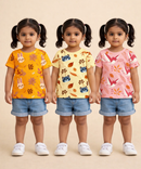 Kids Girls Cotton Printed T-shirt | 0 to 3 Years (Pack Of 3 Pieces)