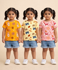 Kids Girls Cotton Printed T-shirt | 0 to 3 Years (Pack Of 3 Pieces)