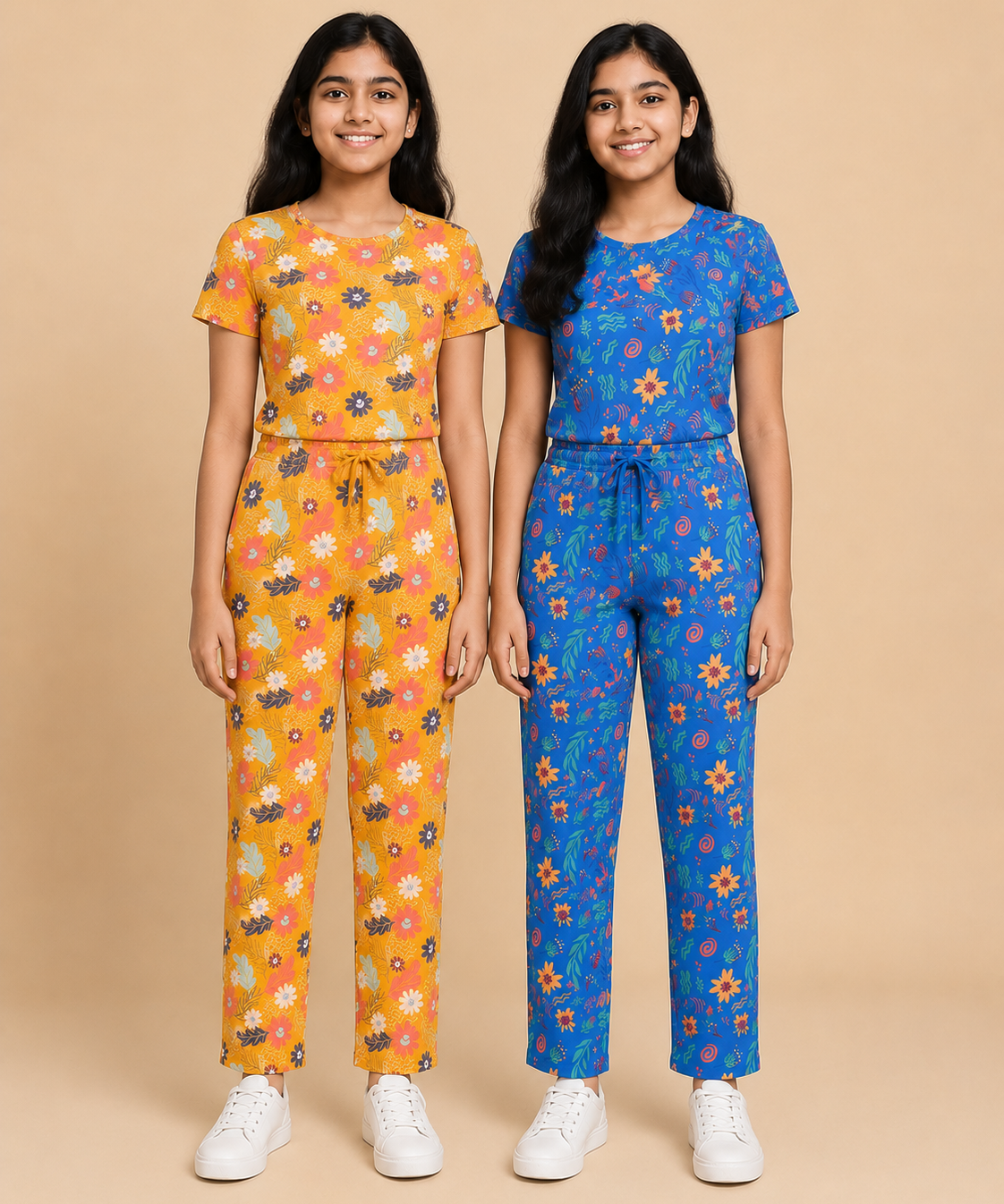 Girls Cotton All-Over Printed T-Shirt & Full-Length Pant Night Suit | Age - 9 to 15 Years | Pack of 2 Sets