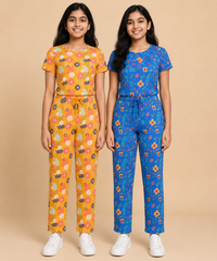 Girls Cotton All-Over Printed T-Shirt & Full-Length Pant Night Suit | Age - 9 to 15 Years | Pack of 2 Sets