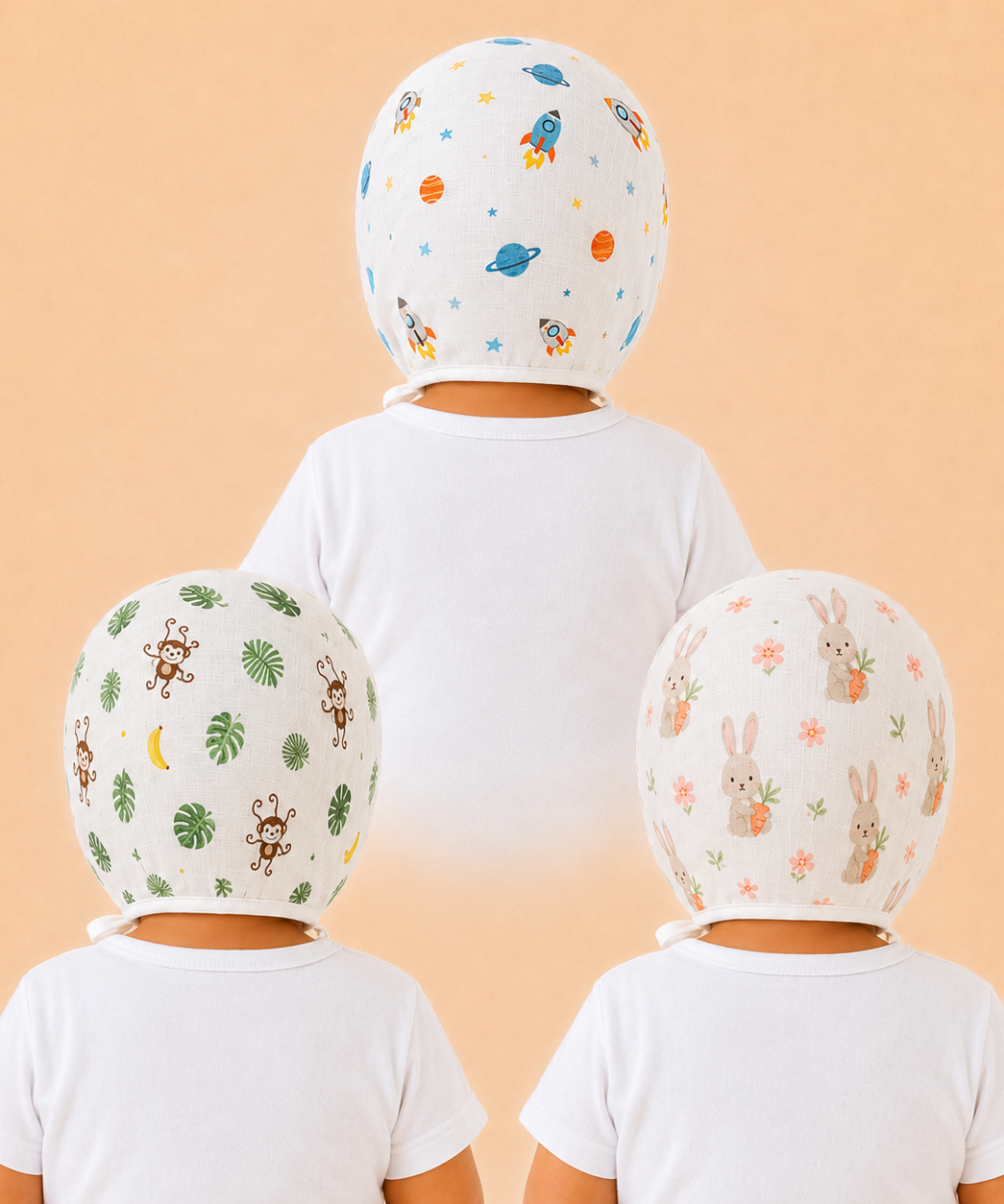Baby Muslin Cotton Printed Bonnet Cap with Chin Tie – Soft & Comfortable Infant Headwear | 0–12 Months (Pack of 3)