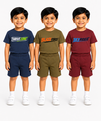 Kids Typography Print T-Shirt & Shorts Co-Ord Set for Boys | Age 6 Months-3 Years | Pack Of 3 Set Combo