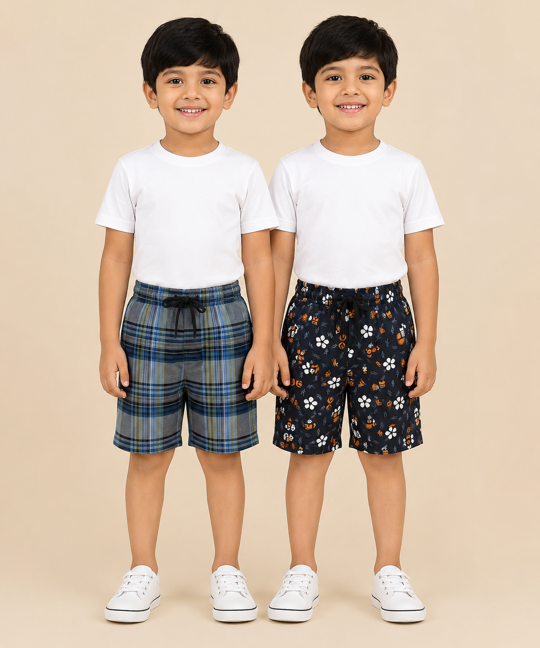 Kids Boys Checkered & Printed Cotton Shorts | Age - 5 to 10 Years | Soft Elastic Waist Casual Shorts | Combo Pack of 2 Pieces
