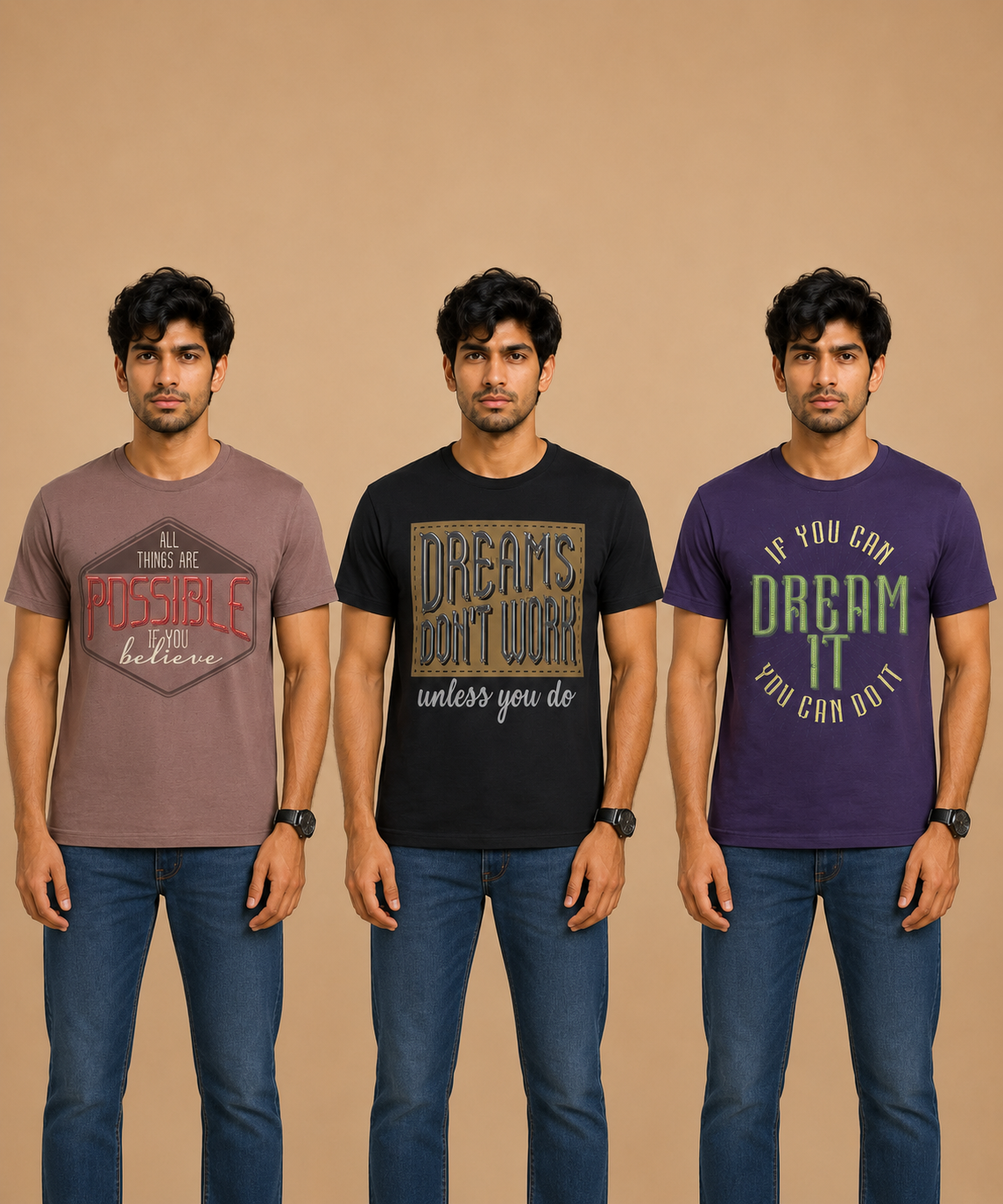 Men's Half Sleeve Printed Round Neck T-Shirt Combo (Pack of 3)