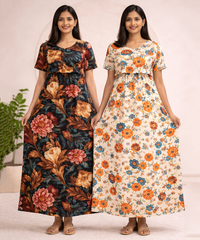 Maternity Feeding Maxi Dress | Nursing Friendly Nighty Style (Pack of 2 Pieces)