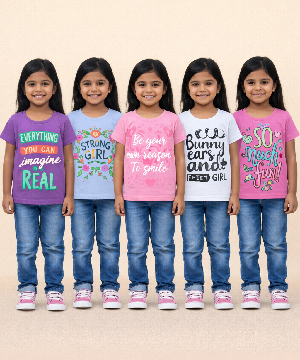 Cotton Half Sleeve Girls T-shirt Front Printed Multi Color | Age 2 to 7 Years (Pack of 5 Pieces)