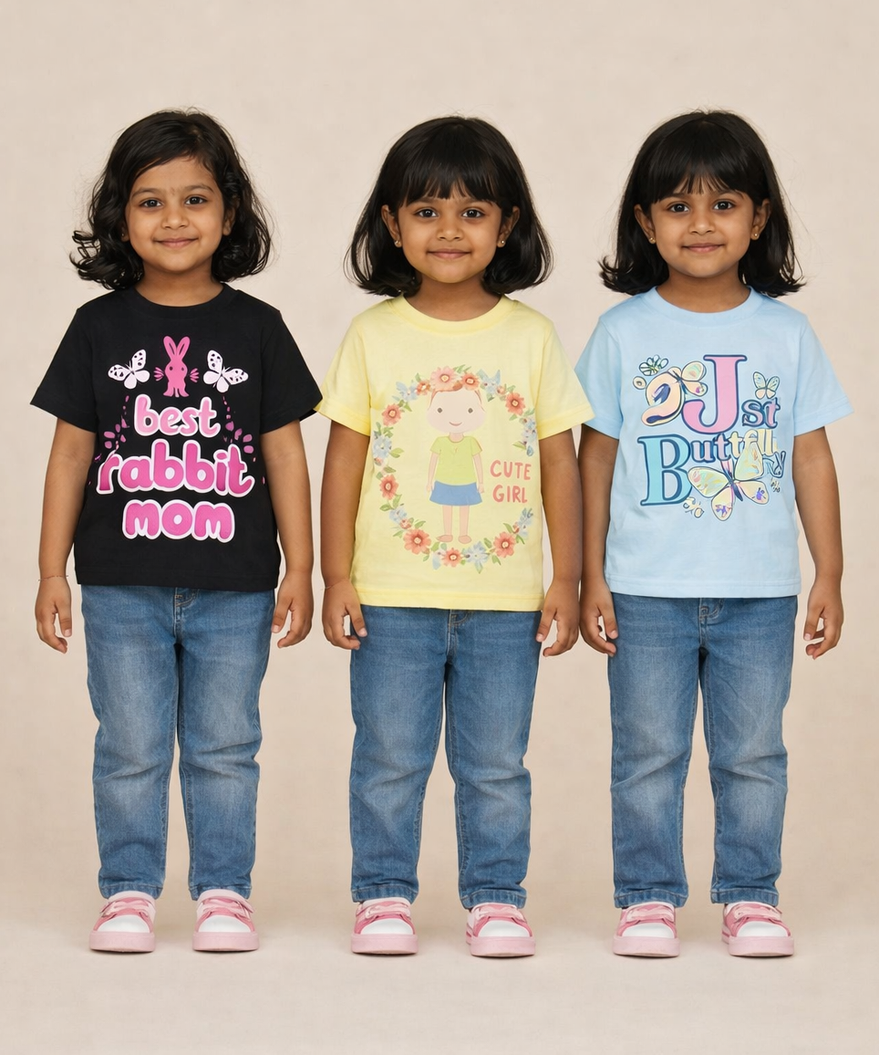 Kids 100% Cotton Fine Tshirt With Printed Multi Colour | Age 1 to 6 Years (Pack of 3 Pieces)