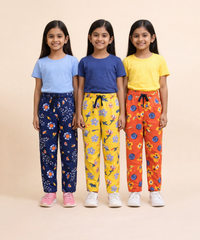Girls Cotton Printed Track Pants (Pack of 3) | Nightwear & Casual | 6–9 Years