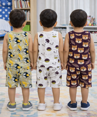 Boys Cotton Cartoon Printed Kids Sleeveless Set Combo | Age 0 to 3 Years | T-shirt & Shorts (Combo Set Pack of 3)