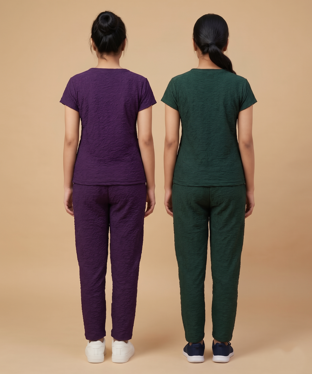Women Textured Polyester Co-ord Set | Half Sleeve Top & Pants | Pack of 2 Set Combo