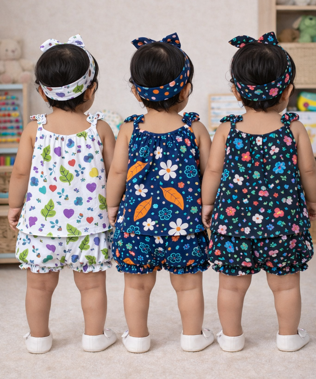 Boy & Girl Baby Printed Top Knot Dress | Top and Shorts Set | 100% Pure Cotton (Pack of 3 Sets Combo)