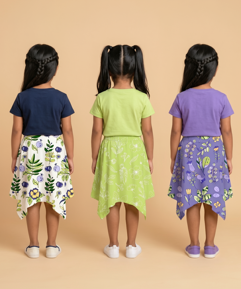 Cotton Fish Midi Floral Printed Skirt | Casual wear for Girl Kids Age 2 To 9 Years (Pack of 3)