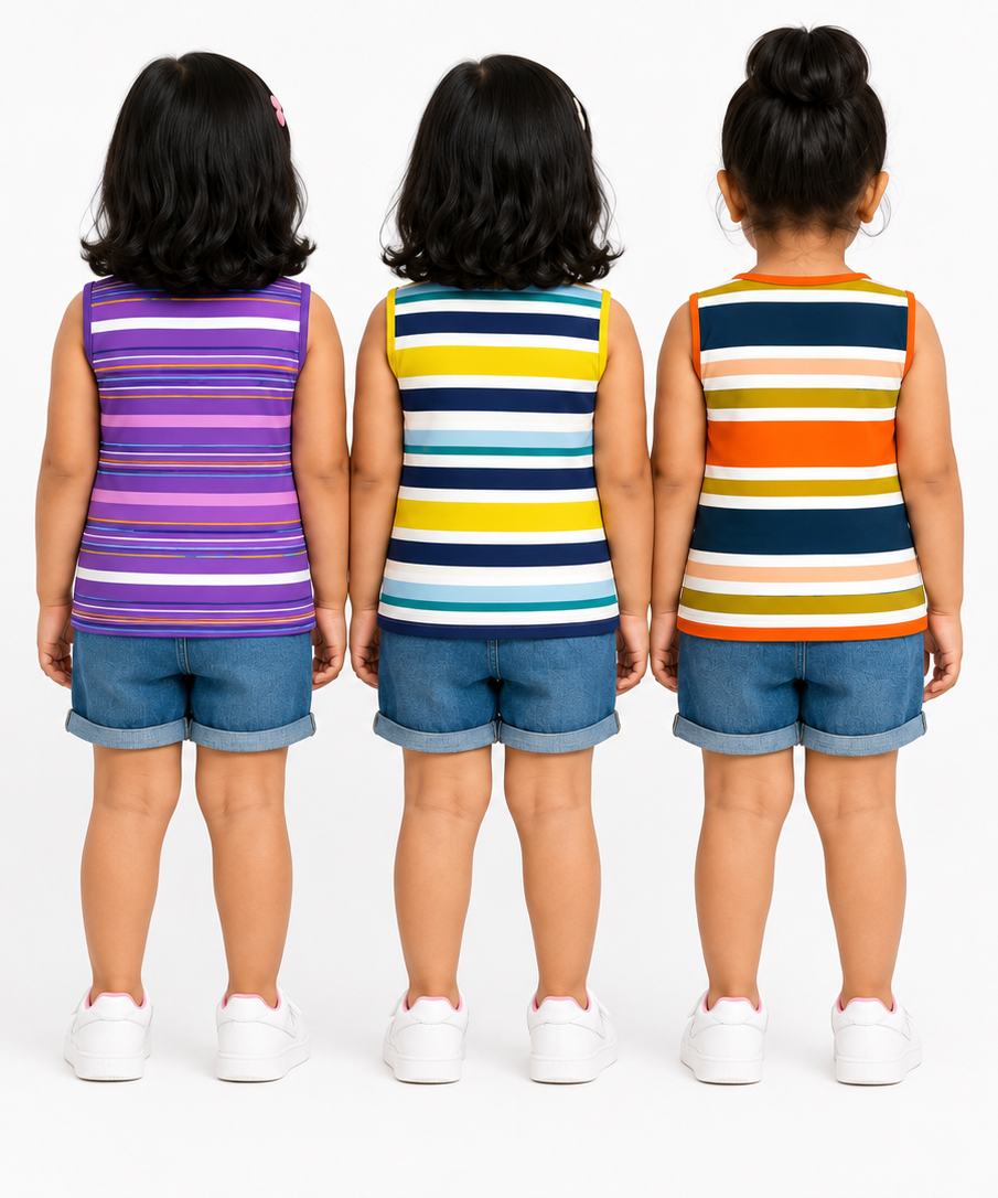 Cotton Stripes Girls Kids Sleeveless Tshirt (Pack of 3)