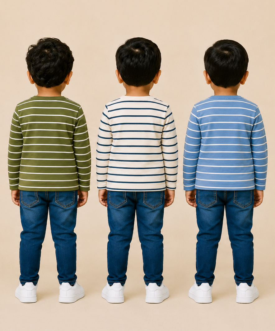 Kids Boys Cotton Stripes Full Sleeve T-shirt | Age 0-3 Years (Pack of 3)