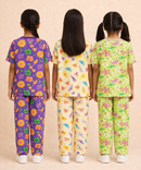 Girl Kids All Over Printed Co-ord Set | Tshirt and Pant | Age 2 to 10 Years (Pack of 3 Sets)