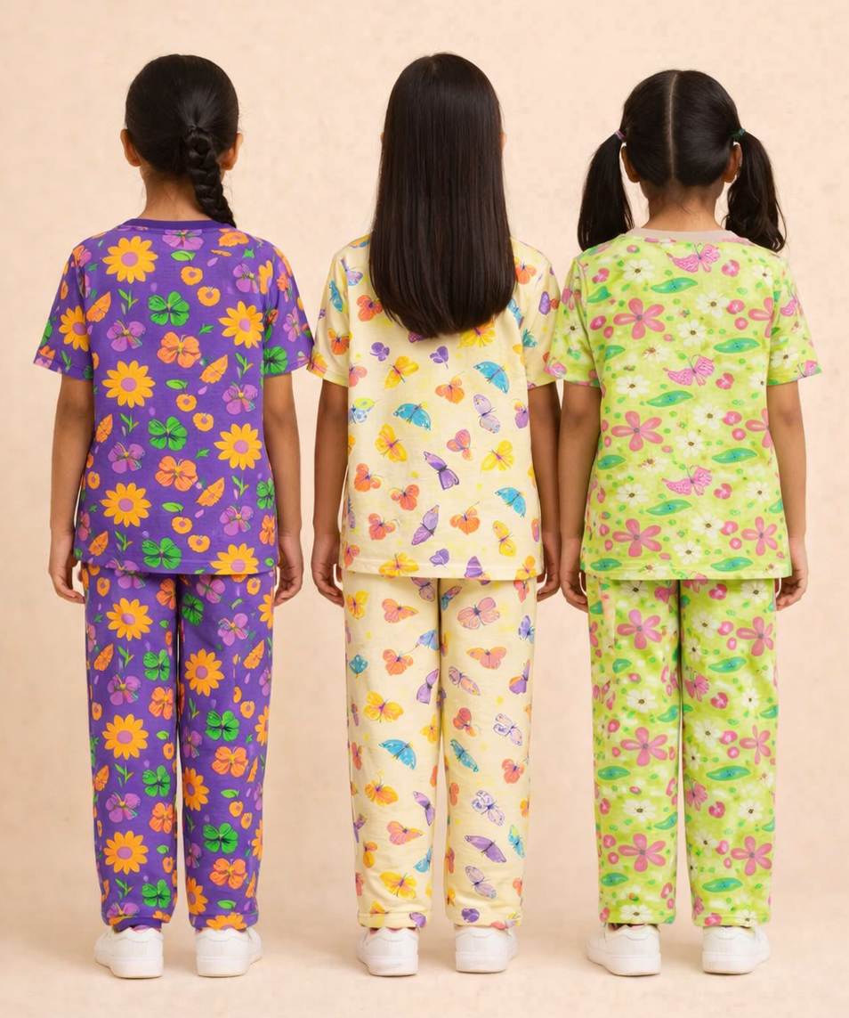 Girl Kids All Over Printed Co-ord Set | Tshirt and Pant | Age 2 to 10 Years (Pack of 3 Sets)