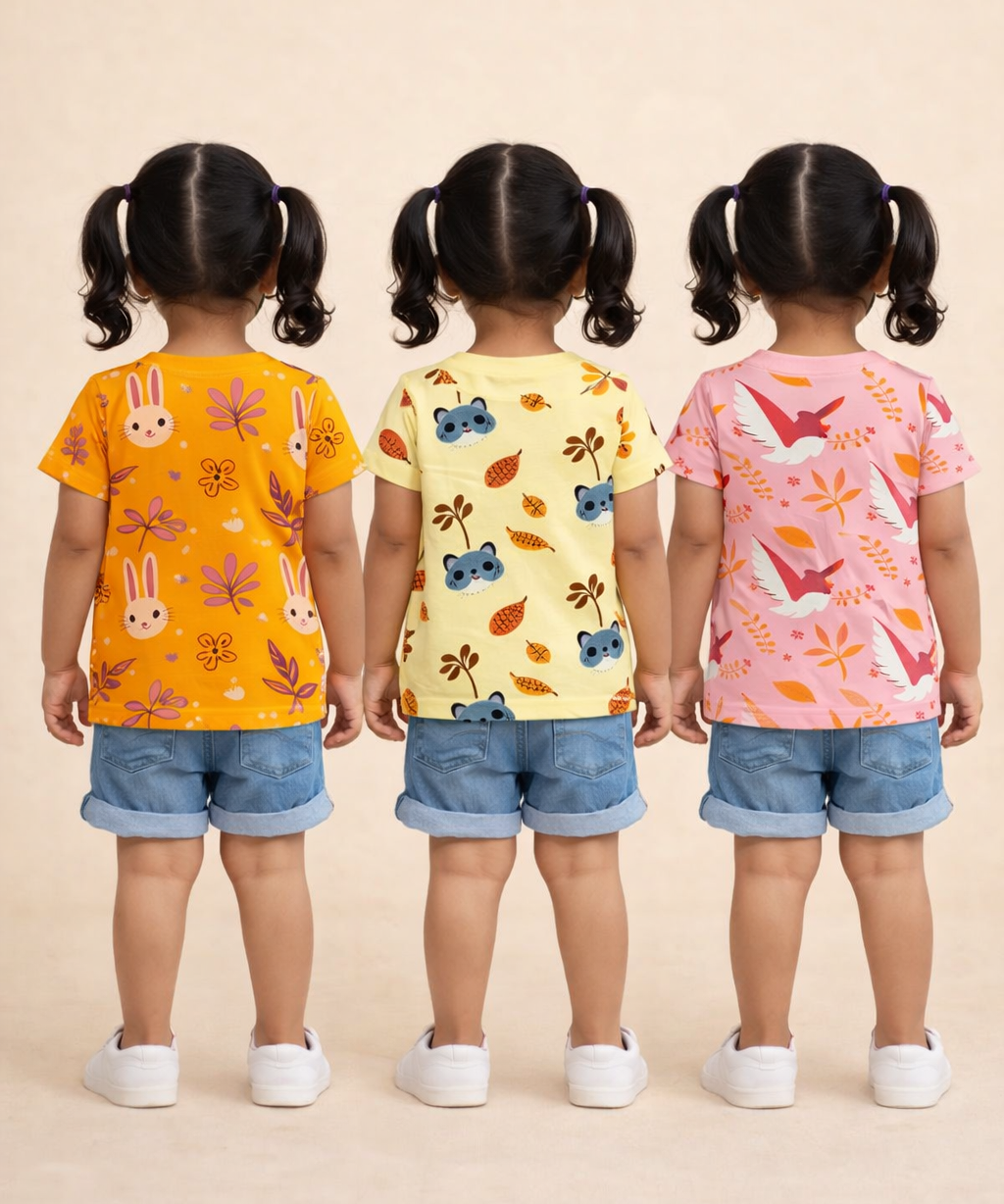 Kids Girls Cotton Printed T-shirt | 0 to 3 Years (Pack Of 3 Pieces)