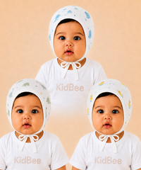 Baby Muslin Cotton Printed Bonnet Cap with Chin Tie – Soft & Comfortable Infant Headwear | 0–12 Months (Pack of 3)