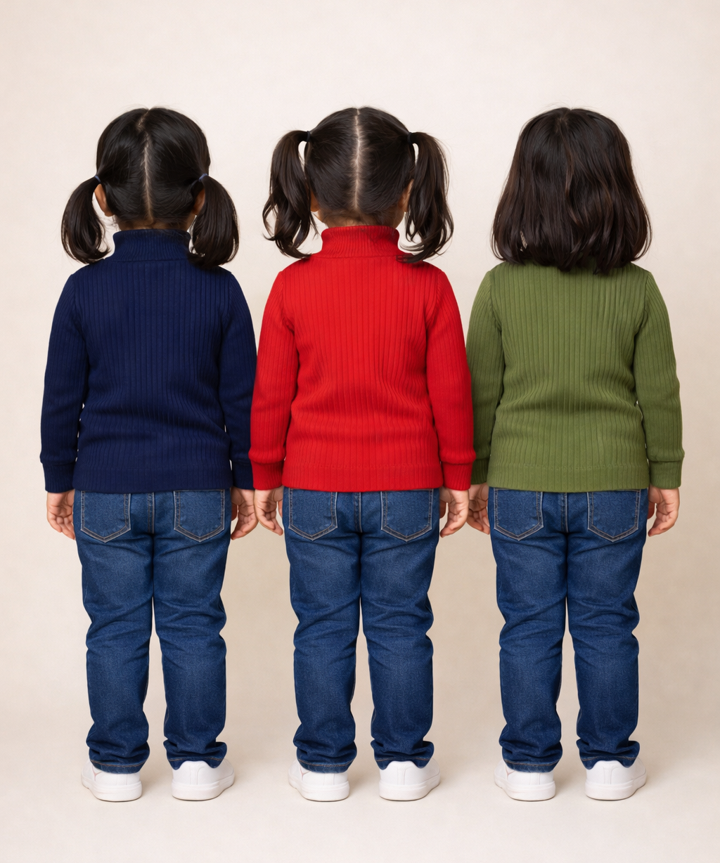 Kids Girls Full Sleeve Hi-Neck Plain Rib T-shirt | Age 0 to 5 Years (Pack of 3)