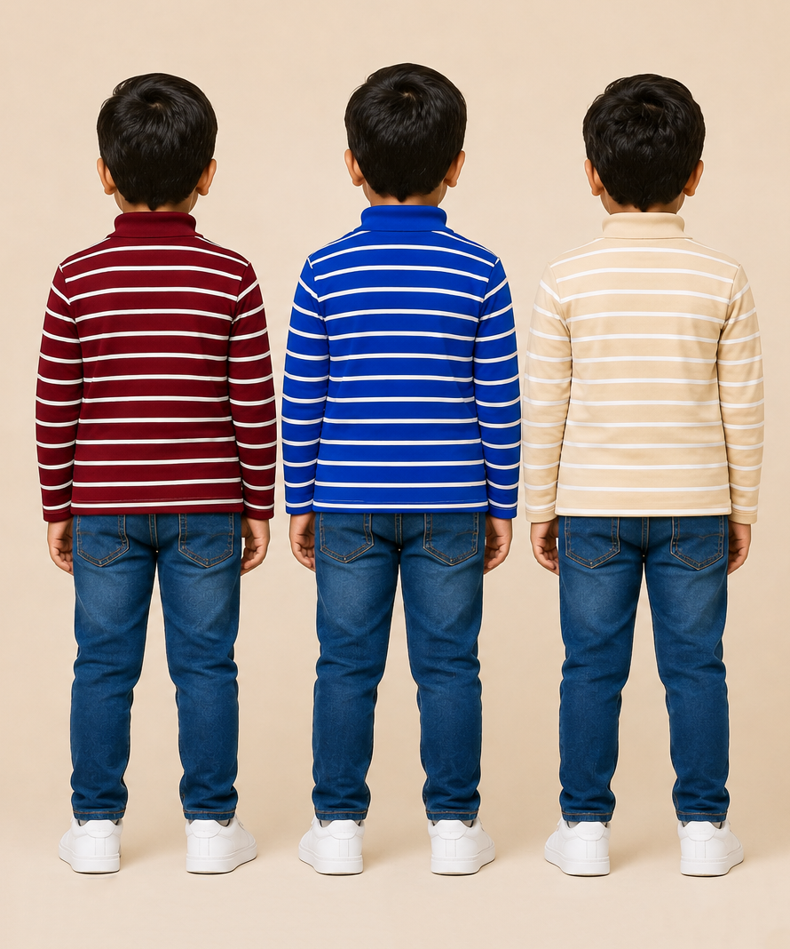 Kids Boys Full Sleeve Hi-Neck Stripes Rib T-shirt | Age 9 to 24 Months | Pack of 3 Pieces