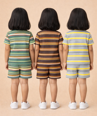 Girls Cotton Stripes Kids Co-ord Set Combo / Age 1-4 Years | T-shirt & Shorts (Combo Set Pack of 3)