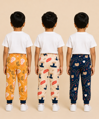 Kids Printed Cotton Track Pants for Boys | Soft Elastic Waist Full Length Joggers | Age 6 Months-5 Years | Pack of 3 Pieces