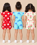 Girls All Over Printed | Flutter Sleeve Tshirt and Shorts Co-ord Set | Age 0 to 3 Years (Pack of 3 Sets)
