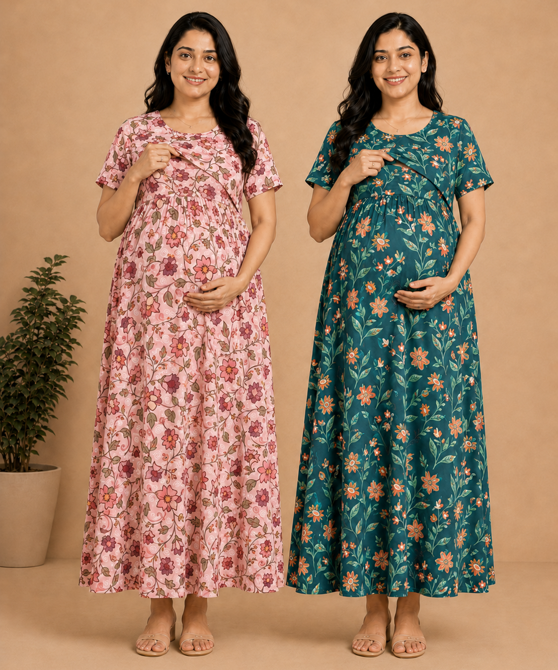 Maternity Feeding Maxi Dress | Nursing Friendly Nighty Style (Pack of 2 Pieces)