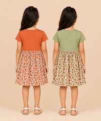 Girls Printed Half Sleeve Cotton Contrast Frock Dress | Floral Knee Length Casual Wear for Kids | Age - 5 to 10 Years | (Pack of 2)