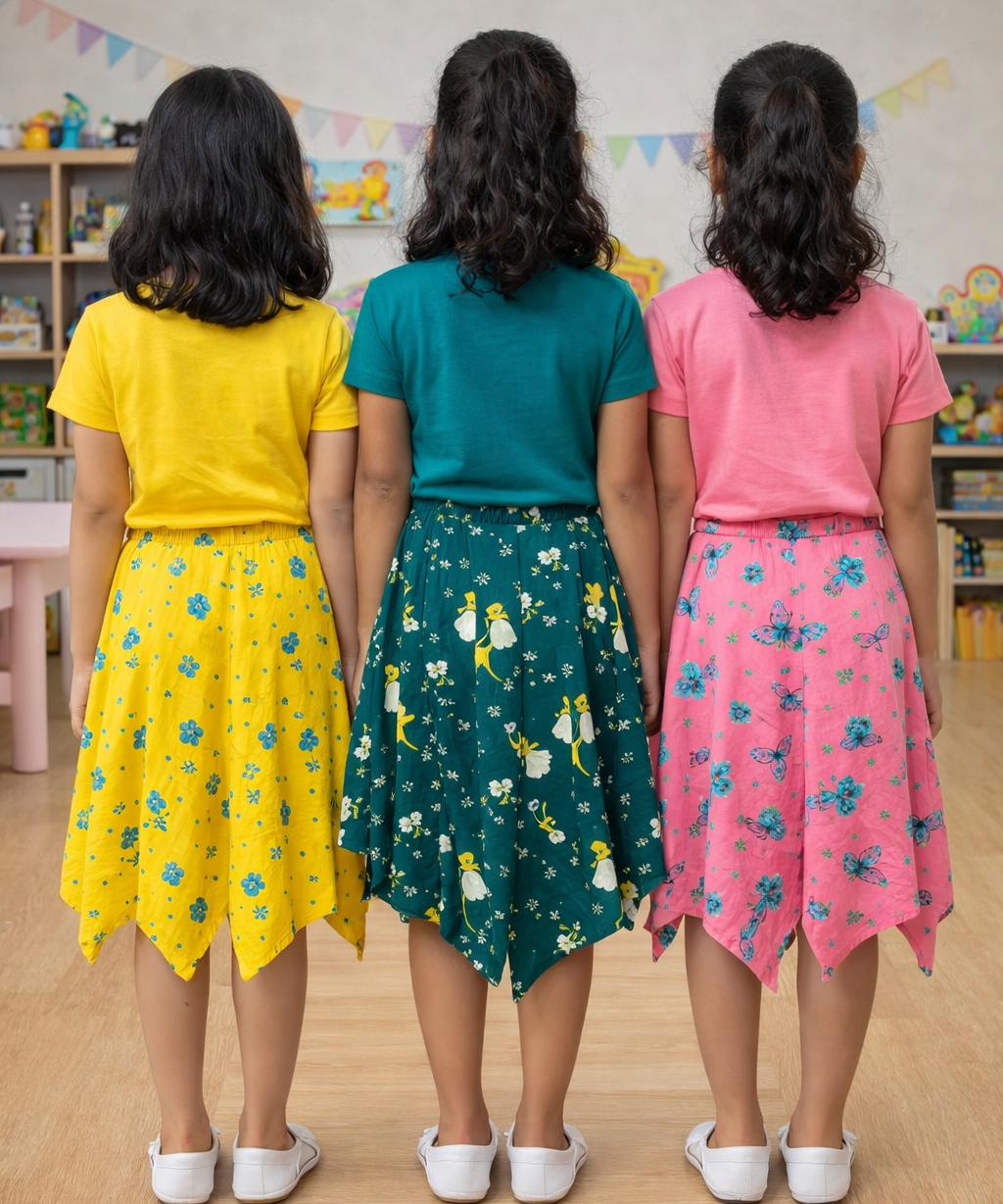 Cotton Fish Midi Floral Printed Skirt | Casual wear for Girl Kids Age 2 To 9 Years (Pack of 3)