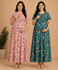 Maternity Feeding Maxi Dress | Nursing Friendly Nighty Style (Pack of 2 Pieces)